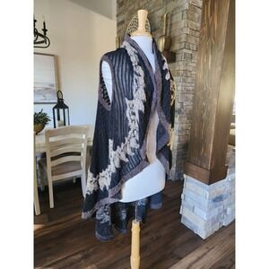 Fleur De Lis Knit Vest Cardigan Sleeveless Open Front Black Floral Small Boho